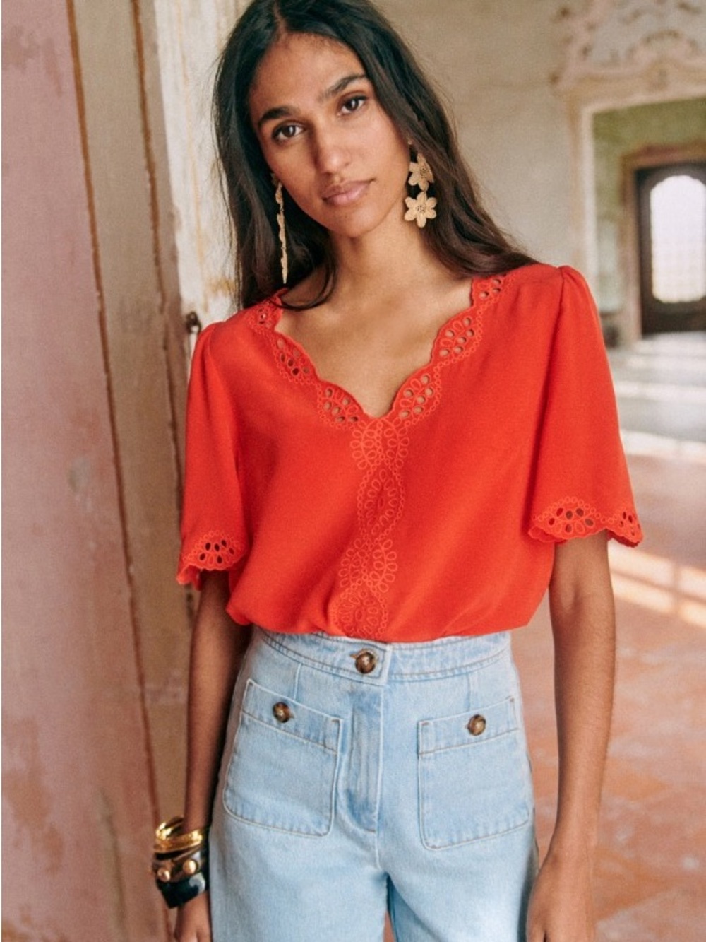 SEZANE FRANCIA BLOUSE, Coral SZ 34, equivalent to 2, 100% silk